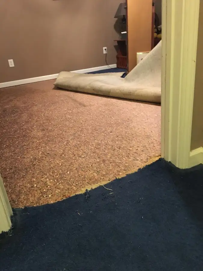Carpet pad removal revealing water damage during Water Mitigation Services in Gilroy
